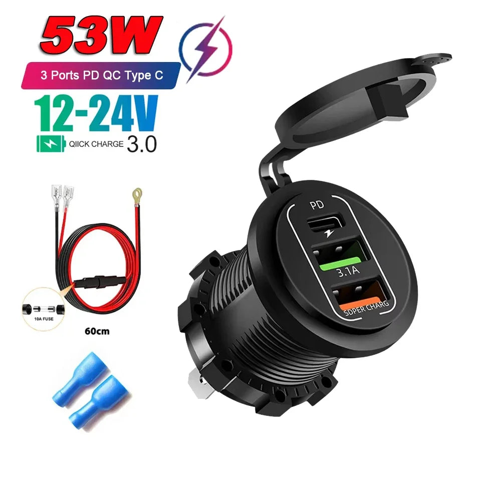 Car Charger PD+QC3.0 USB TYPE-C Charger Waterproof Power Socket Power Adapter Universal 12-24V for Motorcycle Truck ATV Boat