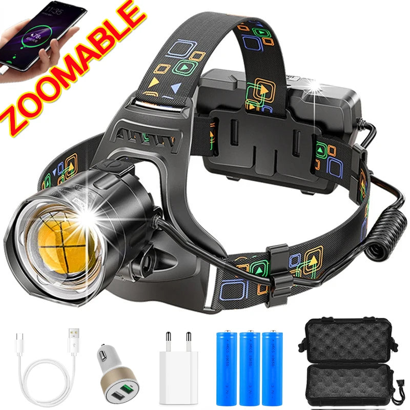 Powerful XHP100 Led Headlamp Zoomable USB Rechargeable Headl