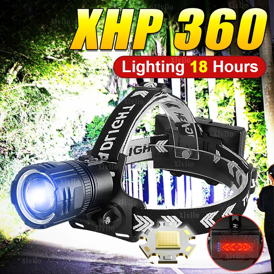 2026 New XHP360 Powerful Headlight Ultra Bright 5000M Led He