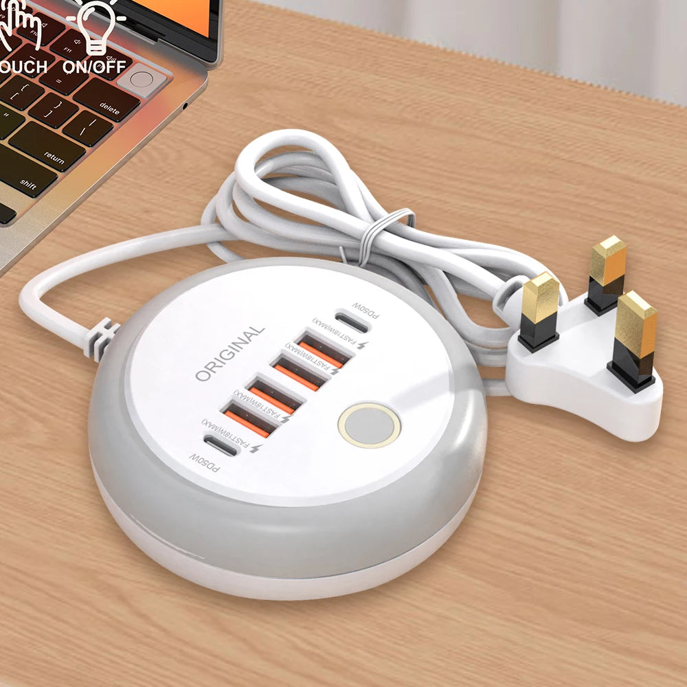 50W PD Charger 6 Ports Type-C Fast Charging Power Strip Wall Adapter With Touch LED Light For iPhone Xiaomi Huawei USB Socket