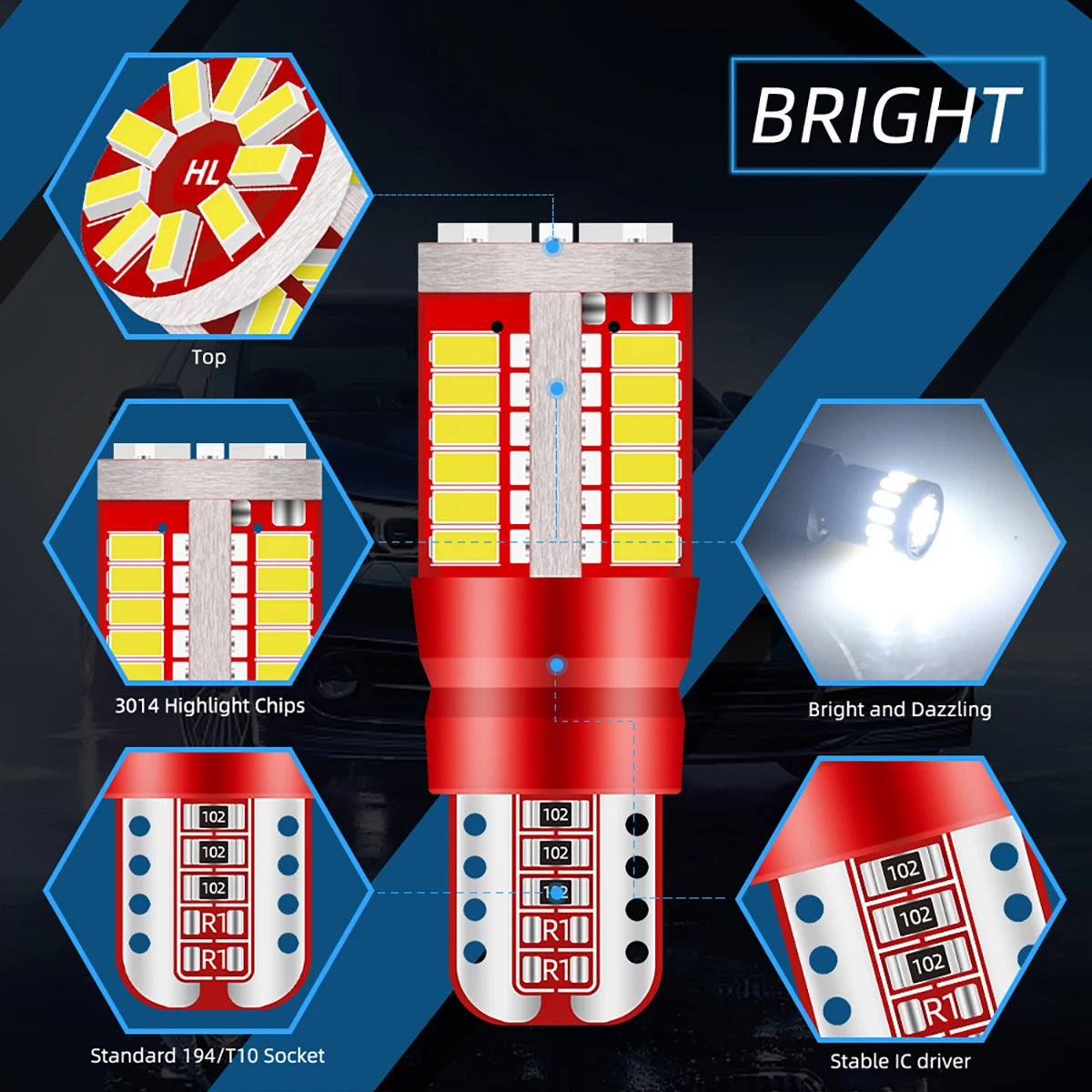 2pcs T10 W5W LED CANBUS No Error 12V Car Side Interior Light