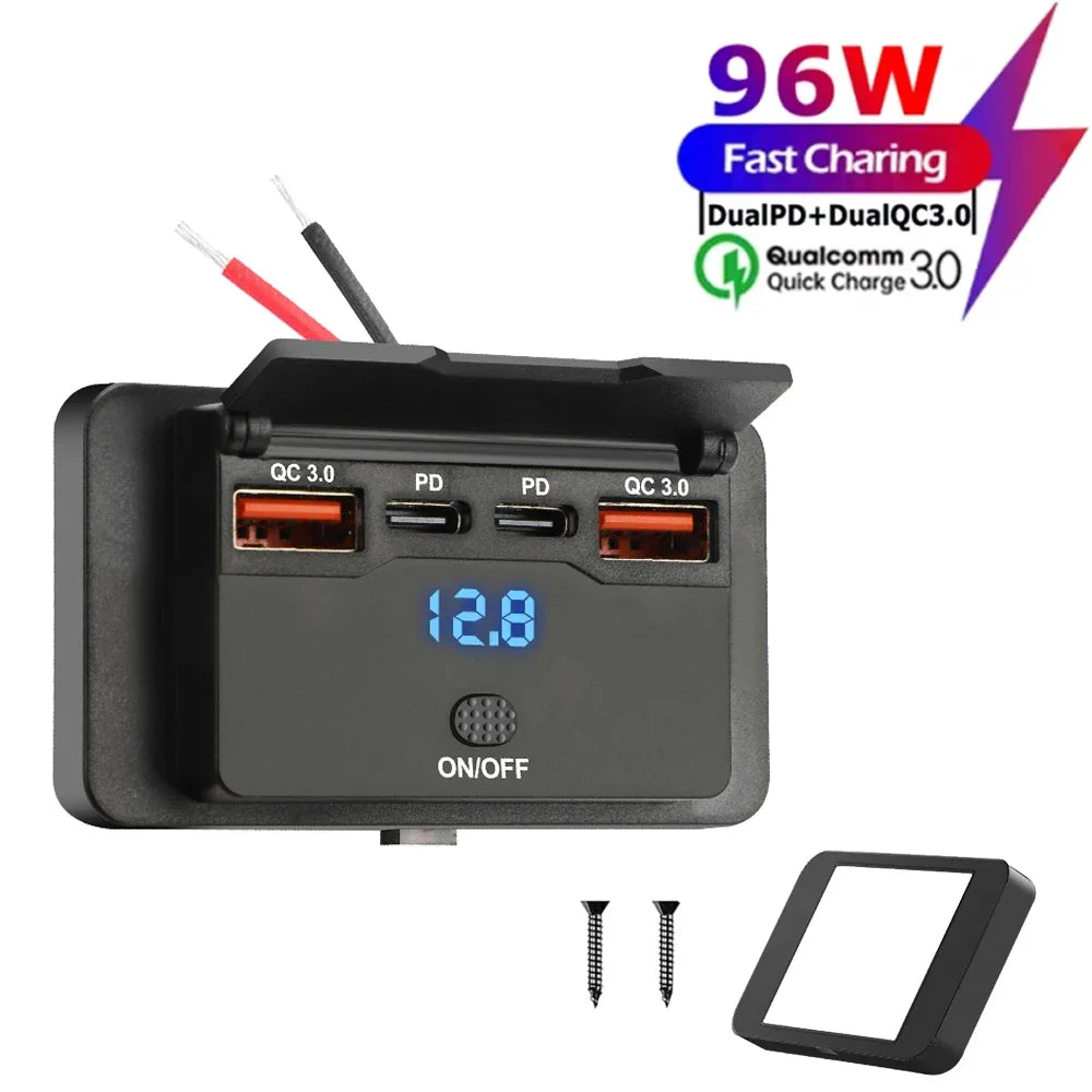 4 Ports Dual PD Dual QC 3.0 USB Car Charger with Switch 96W 