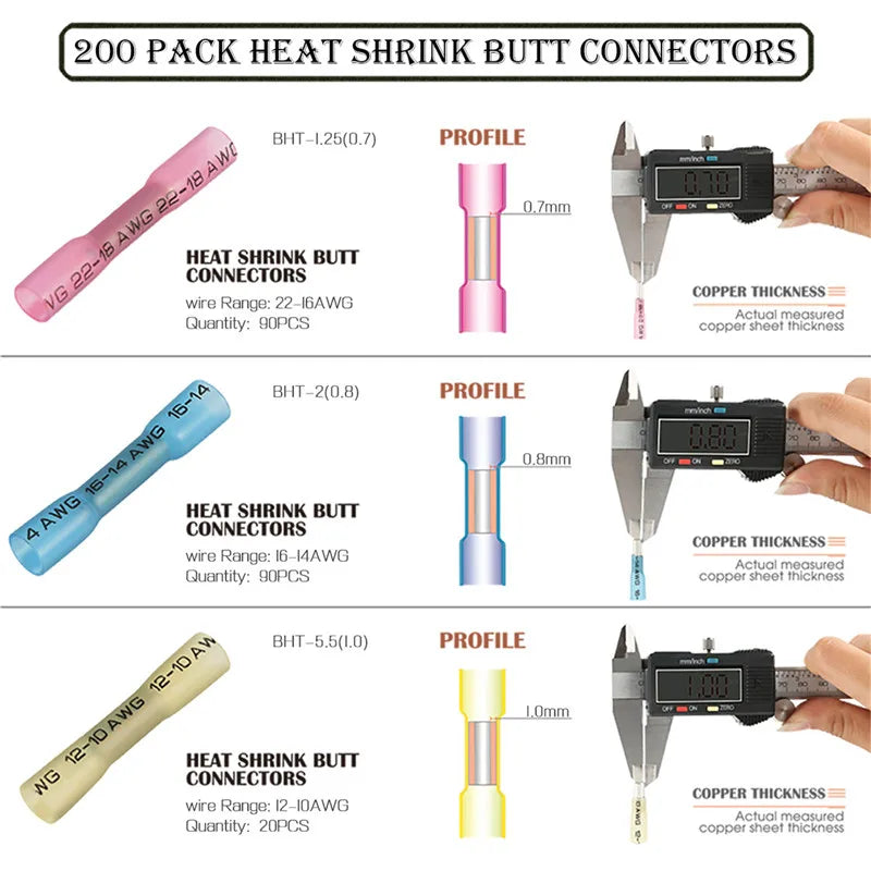 200pcs Heat Shrink Connectors Waterproof Solder Insulated Bu
