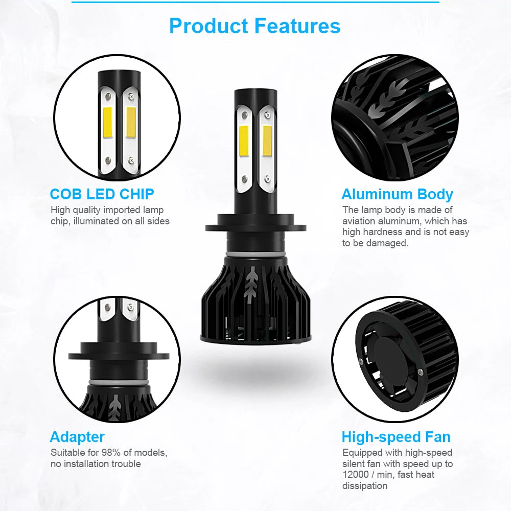 2Pcs LED Headlight H4 Car Light 6000K High Low Beam Bulbs Ki