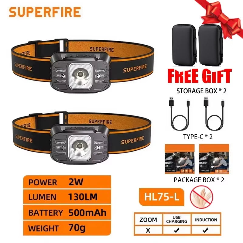 New SUPERFIRE Mini LED Headlamp USB-C Rechargeable Sensor Headlight Powerful Head Flashlight Torch For Camping Fishing Lantern