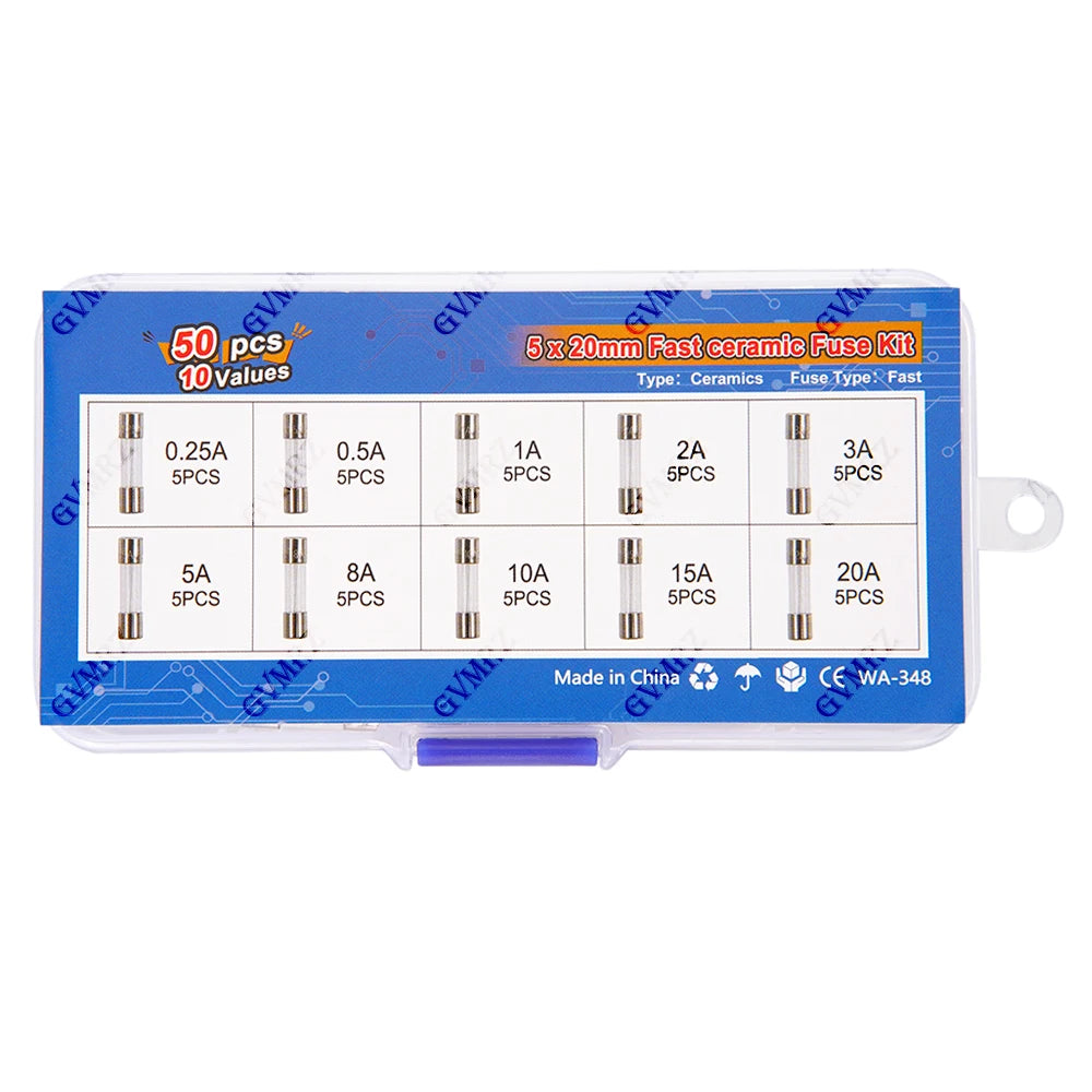50pcs 5x20mm 0.25A-20A Ceramic Tube Fuse Assorted Kit Amp 0.