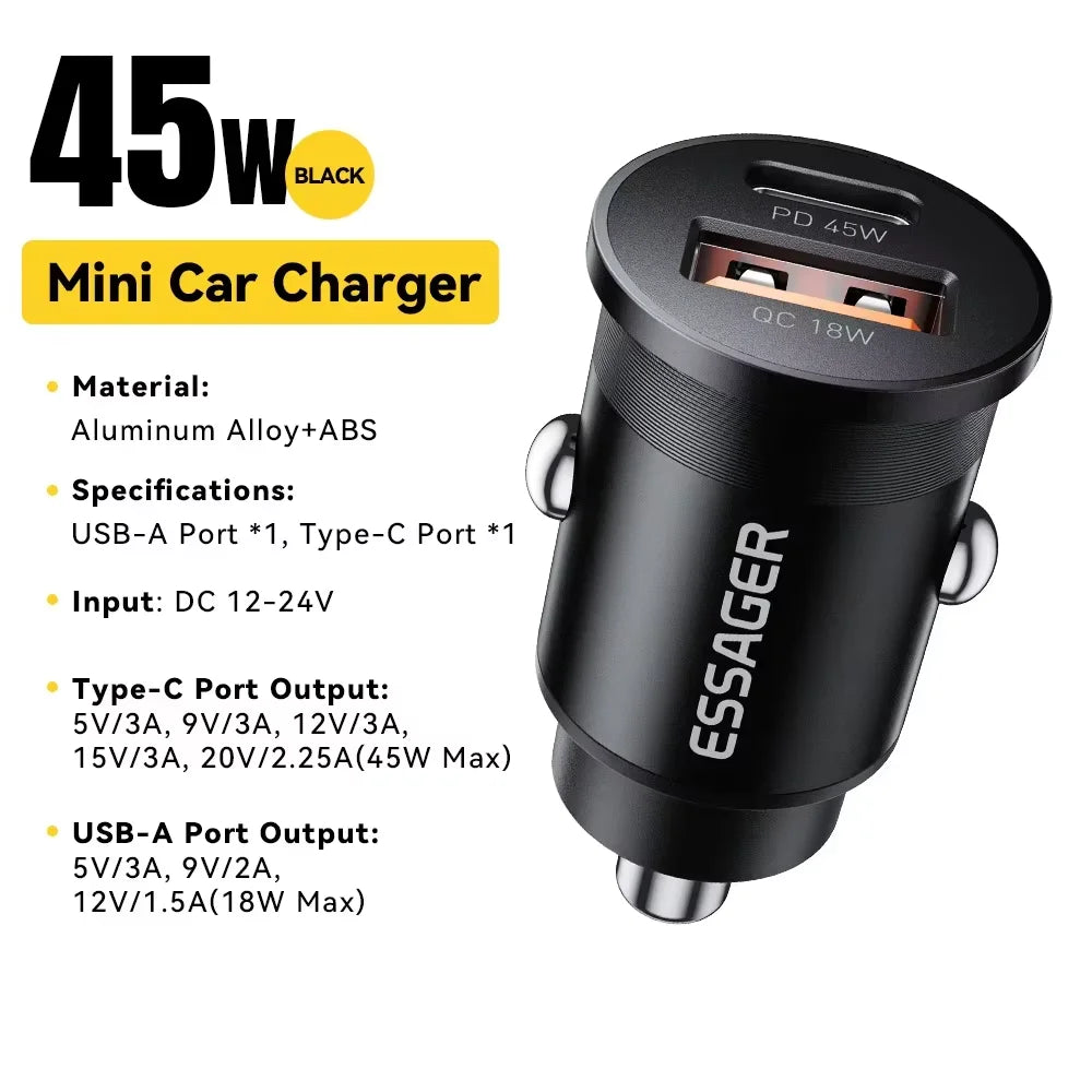 Essager 45W Car Charger Fast Charging Dual Port PD QC3.0 Type-C Quick Charger for iPhone 16 15 14 Samsung Xiaomi Huawei Oppo