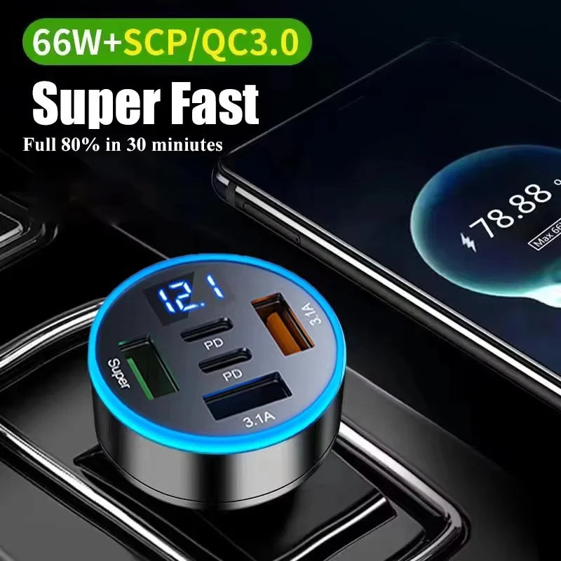 250W 5-in-1 PD QC3.0 Car Charger Fast Charging USB C for IPh