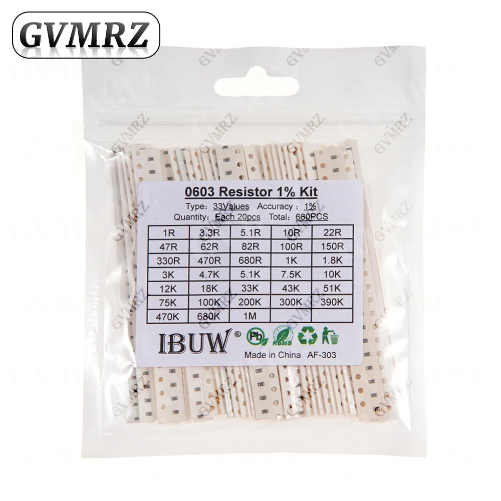 0201 0402 0603 0805 1206 1% 5% SMD Resistor Assorted Kit 1R-1M 10K 100K 1K 100R Resistance Set DIY 1R00 0R82 0R47 0R33