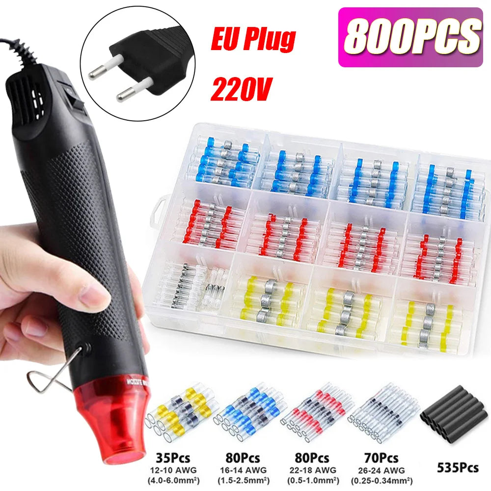 800/400/50PCS Heat Shrink Butt Waterproof Solder Seal Wire Cable Splice Terminal Kit Crimp Terminals Electrical with Hot Air Gun