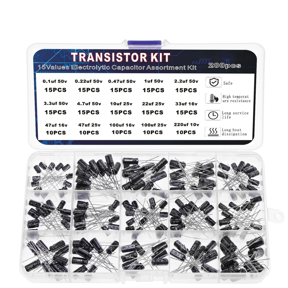 200pcs/lot Electrolytic Capacitor Assortment Kit - 15 Values