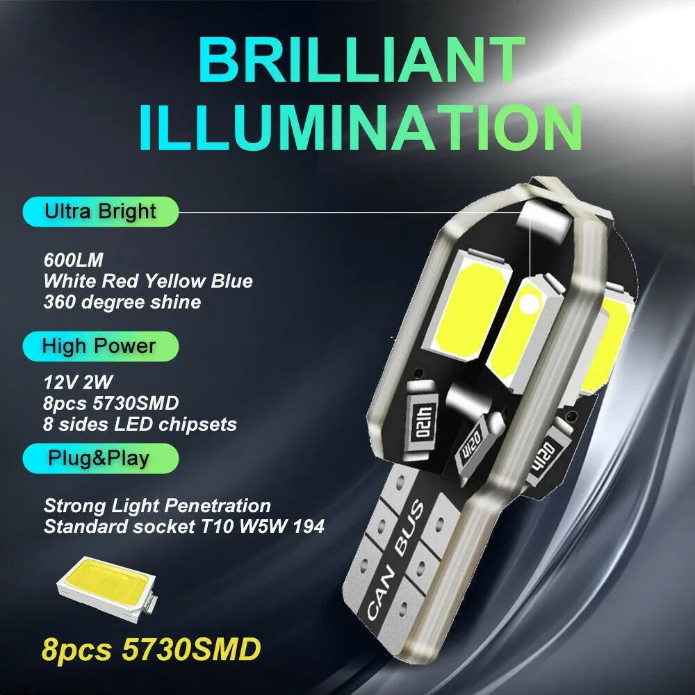 TCYATO 10PCS W5W T10 LED Bulbs Canbus 8SMD 12V LED Car Inter