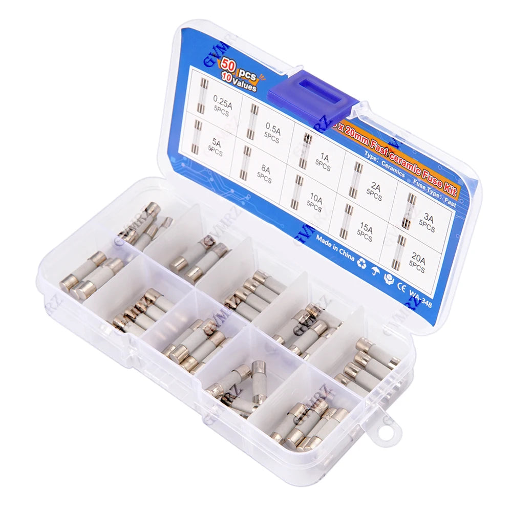 50pcs 5x20mm 0.25A-20A Ceramic Tube Fuse Assorted Kit Amp 0.