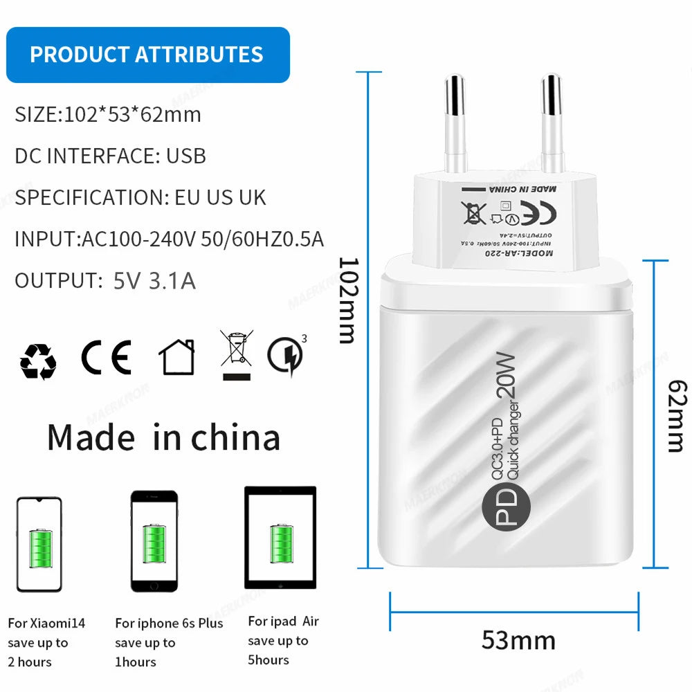 PD 20W USB Type C Charger Fast Charging Digital Display Phon