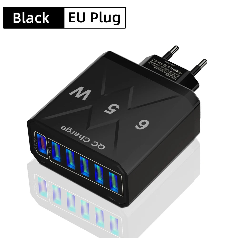 6 Ports USB Charger Fast Charging QC3.0 Travel Charger For IPhone17 16 Samsung Xiaomi Vivo Mobile Phone Adapter EU US UK Plug