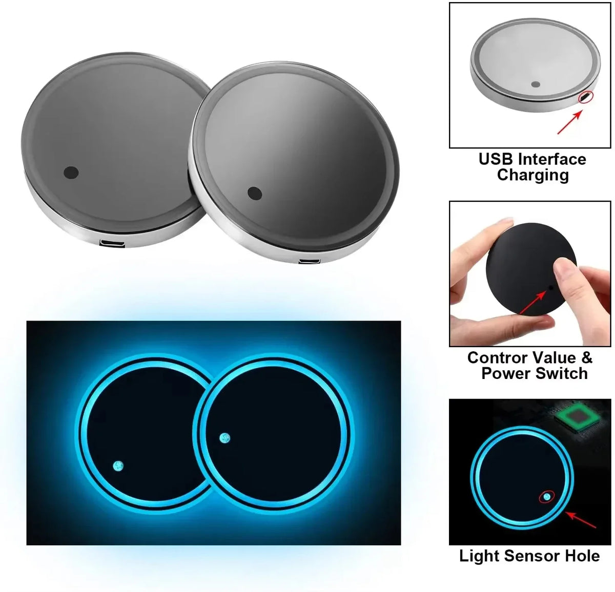 LED Car Cup Holder Lights Waterproof Cup Pad with 7 Colors C
