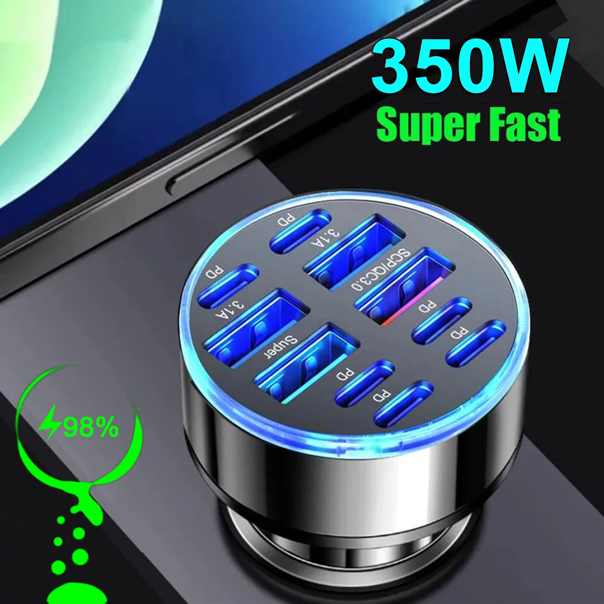350W 10 Ports Car Charger Fast Charging PD QC3.0 USB C Car P