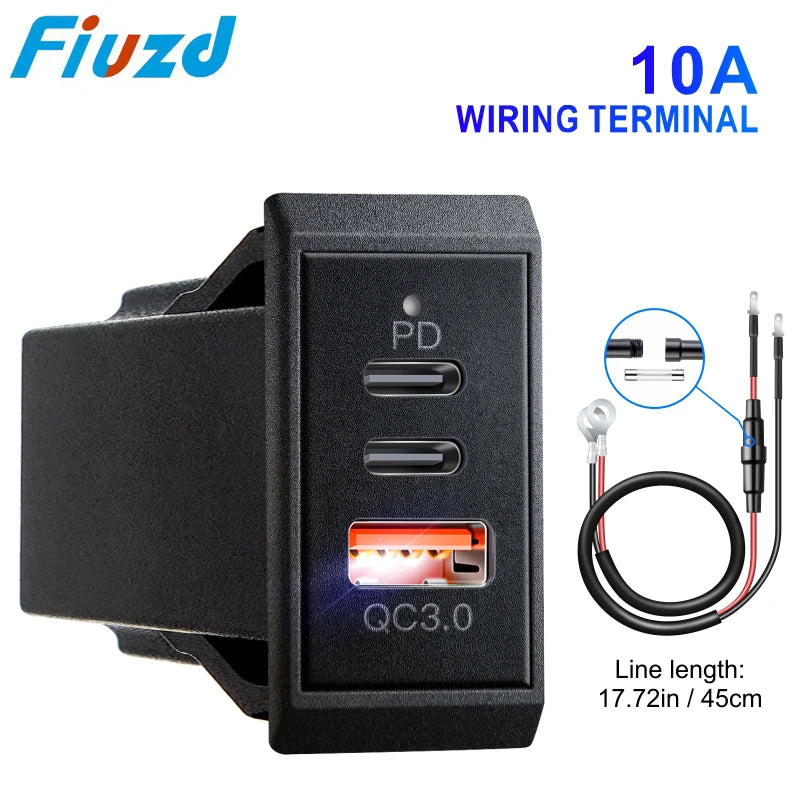 Car Charger Socket PD3.0 & QC3.0 Double USB C Ports Waterproof with LED 54W Fast Charging 12V/24V For Moto Adapter
