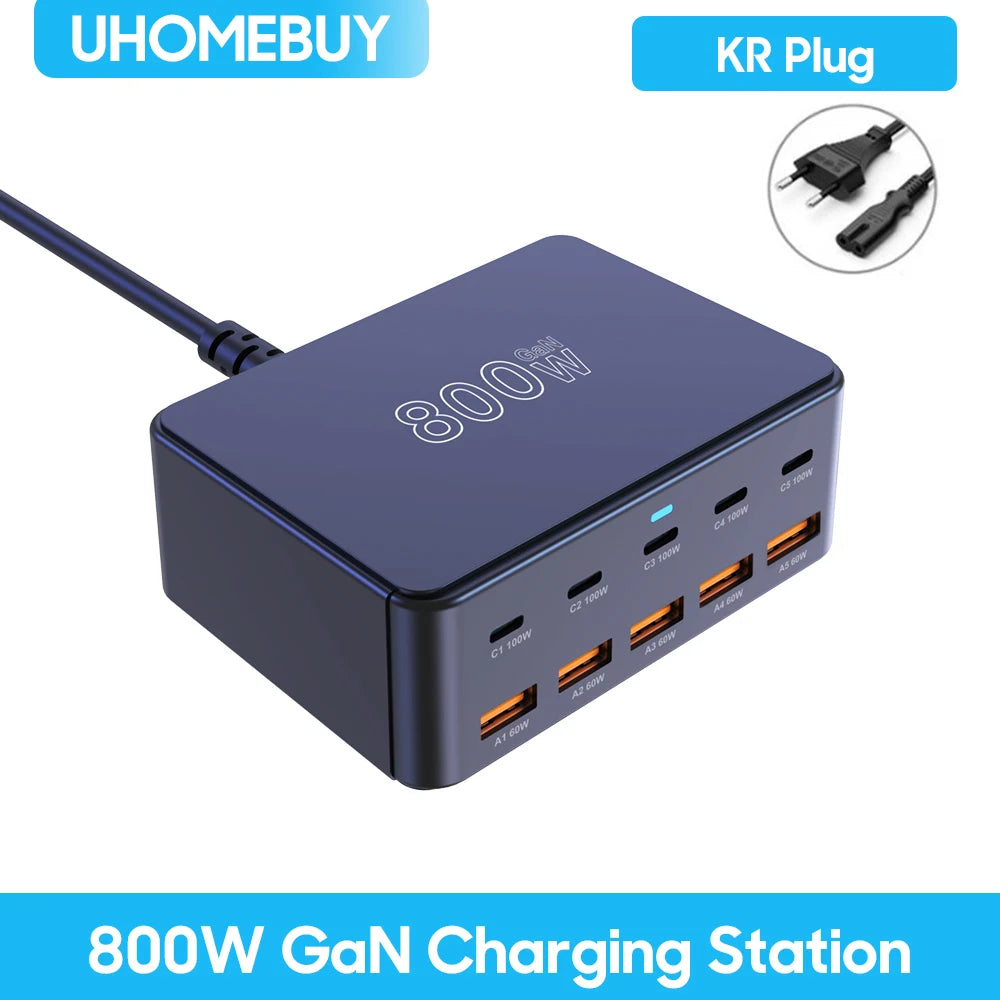 800W USB C GaN Charger 100W PD3.0 PPS QC3.0 Multiport Fast Charging Station for iPhone 15 16 Samsung Macbook Pro Laptops Tablets