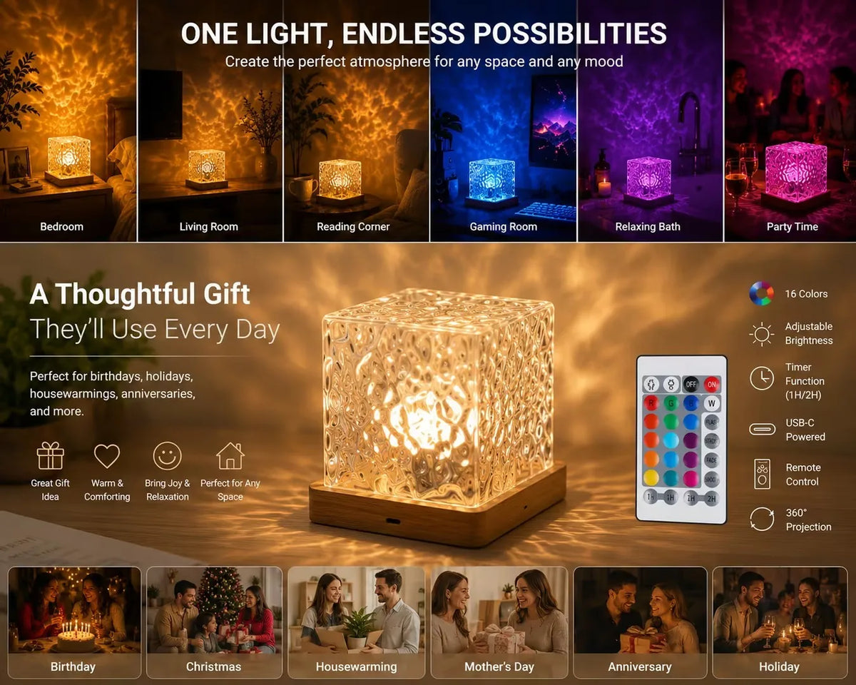 Rotating Water Ripple Night Light Projector Portable Aurora 