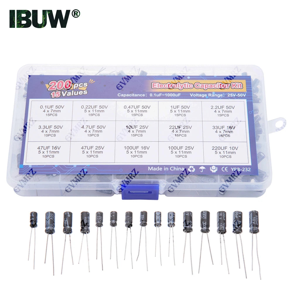 15Values 200pcs Electrolytic Capacitor Organization Storage 