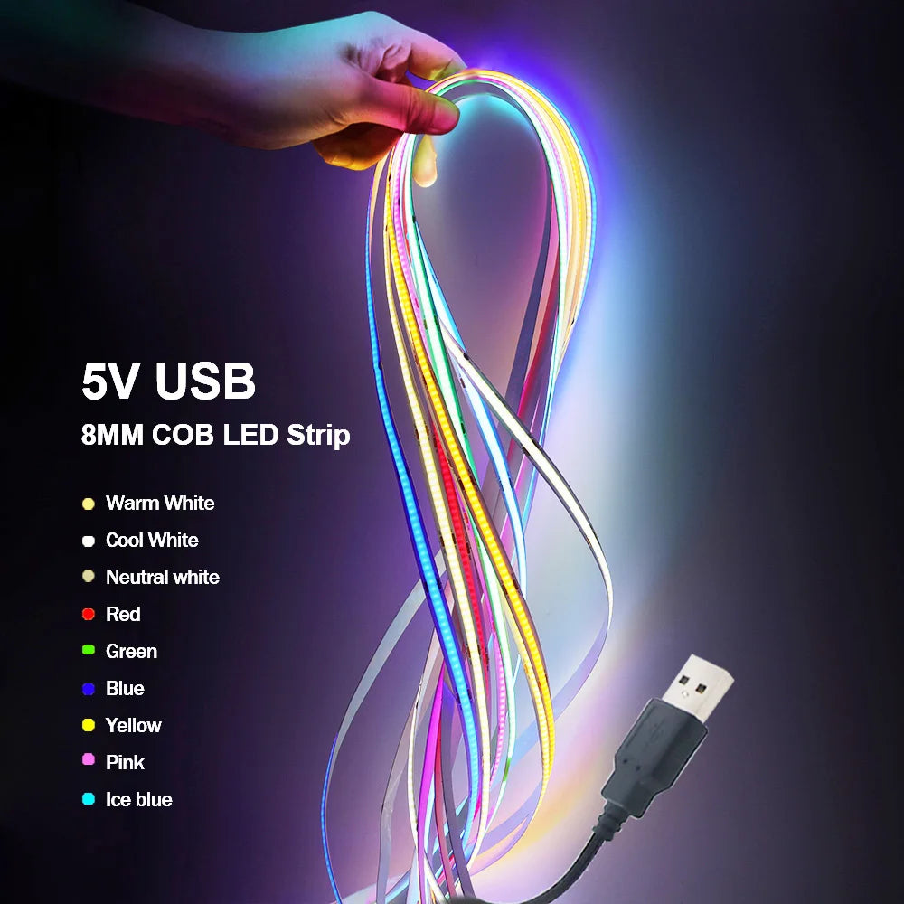 DC 5V USB COB Led Strip Light White/Red/Green/Pink/Ice Blue/