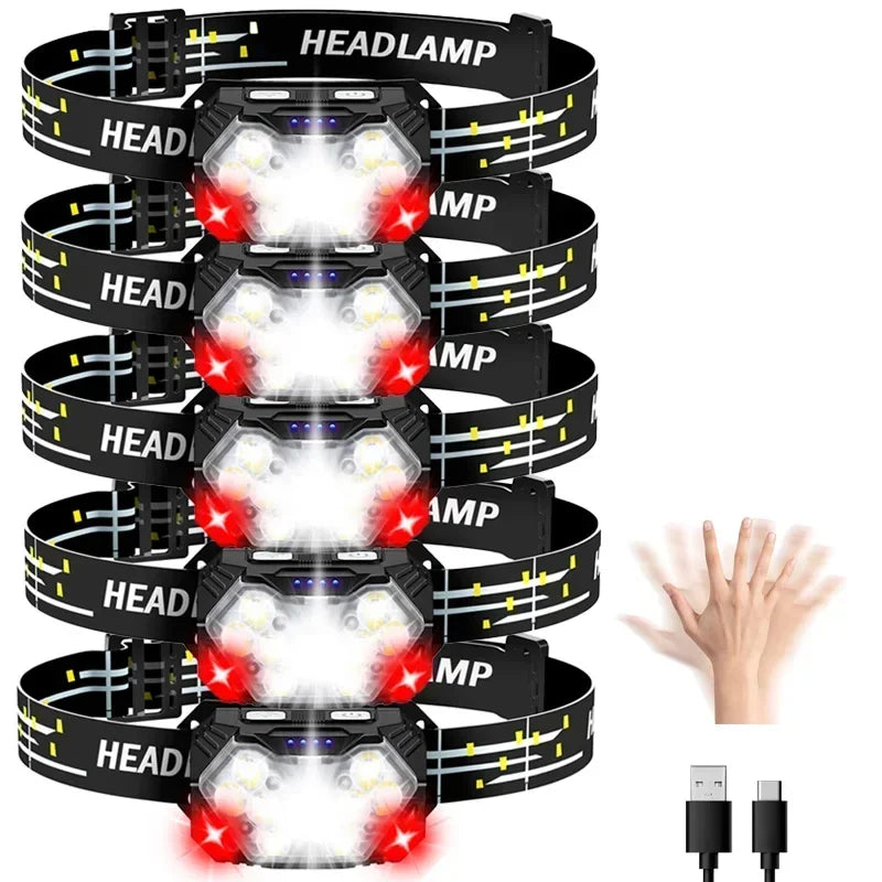 New Super Bright 9 LED Headlamp USB C Rechargeable Headlight 10 Modes Waterproof Motion Sensor Head Lamp Working Flashlight