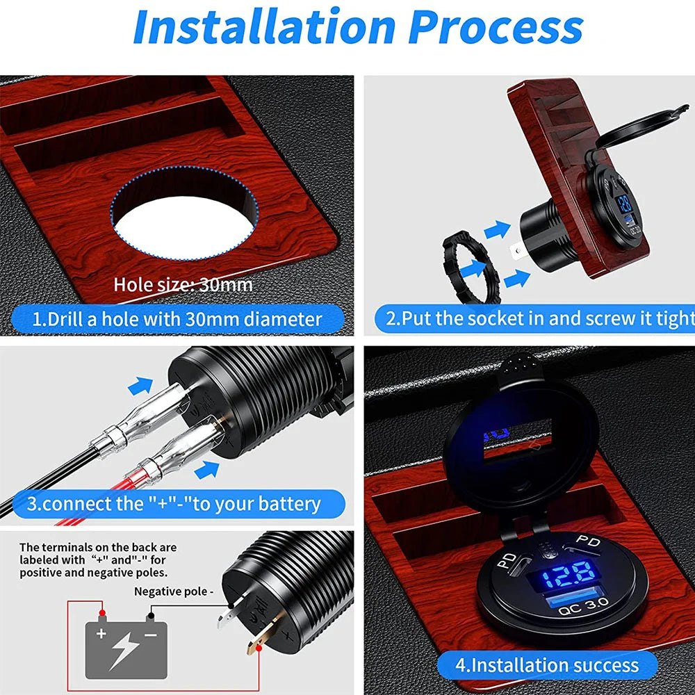 12V/24V USB Outlet 108W 3 Ports Car Charger Socket Dual 45W 