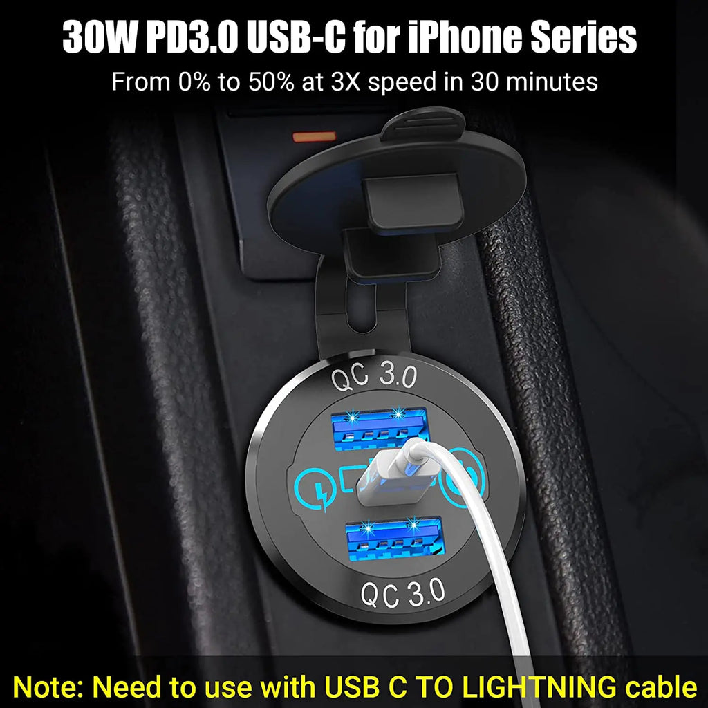 DaierTek Car USB Charger Socket Metal 60W Car Charger 12V 24