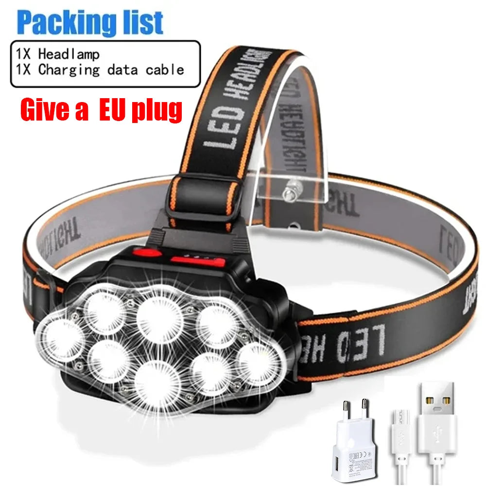 USB Rechargeable Headlamp High Lumen Bright Head Lamp with 8 LED Headlight 4 Mode IPX4 Waterproof Head Flashlight Head Light