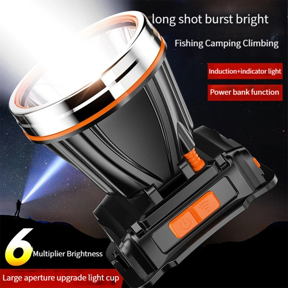 New Powerful LED Headlamp Type-C Rechargeable Headlight Fish