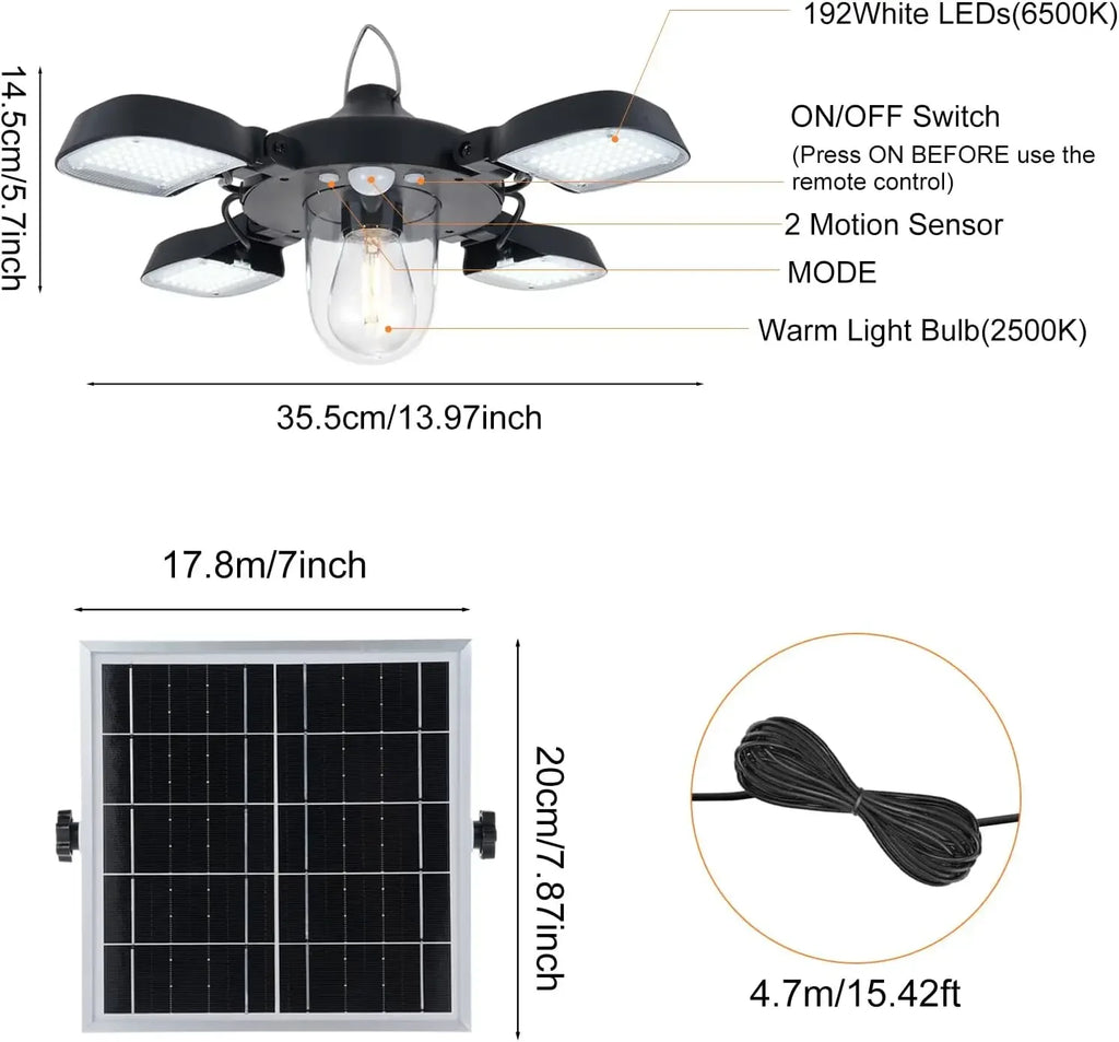 Outdoor Solar Shed Light 192 LED Motion Sensor 5 Modes Water