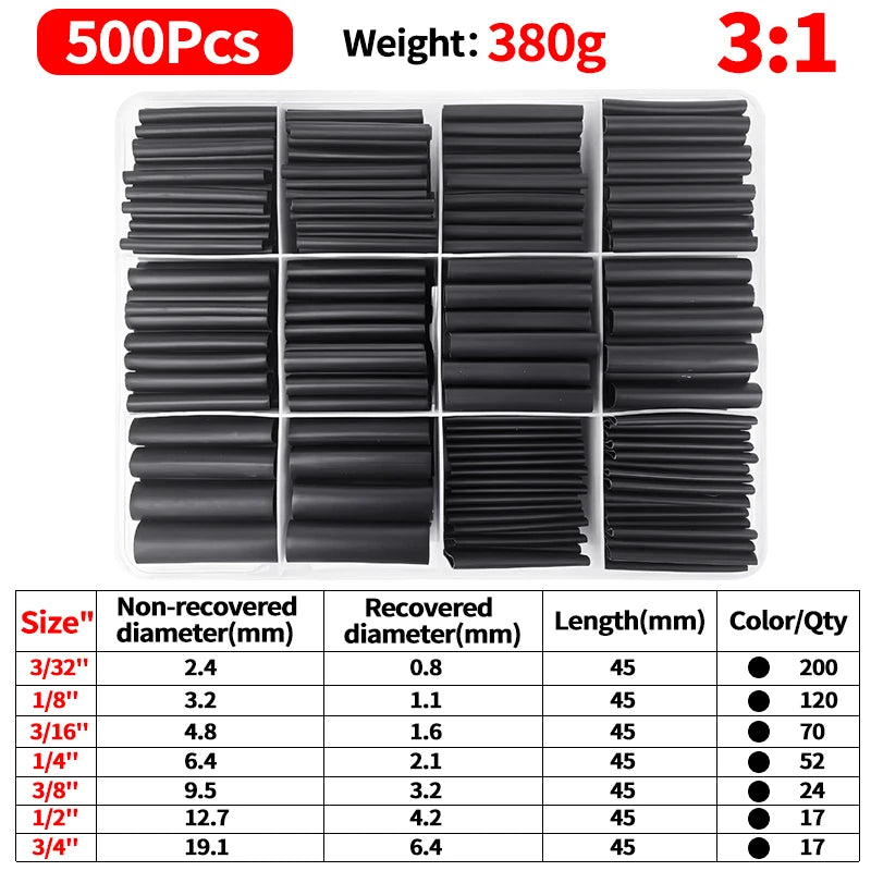 3 1 Waterproof Adhesive Heat Shrink Tube Kit 180 220 270 500PCS Wire Cable Repair Insulation Sleeve Polyolefin Tubing Set