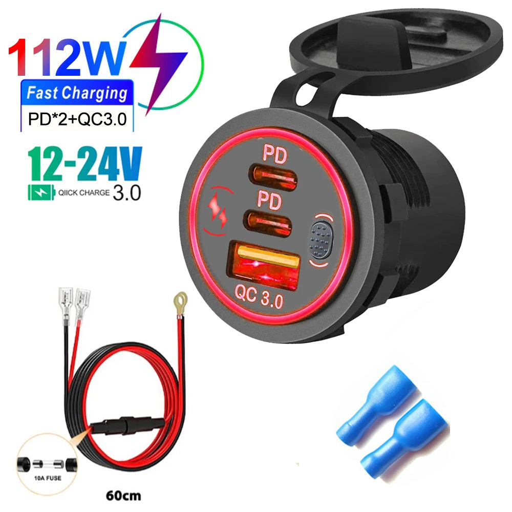 3 Ports Quick Charge Dual PD & QC 3.0 112W Aperture Car Charger Outlet Socket For 12V 24V Motorcycle Boat Marine Truck ATV