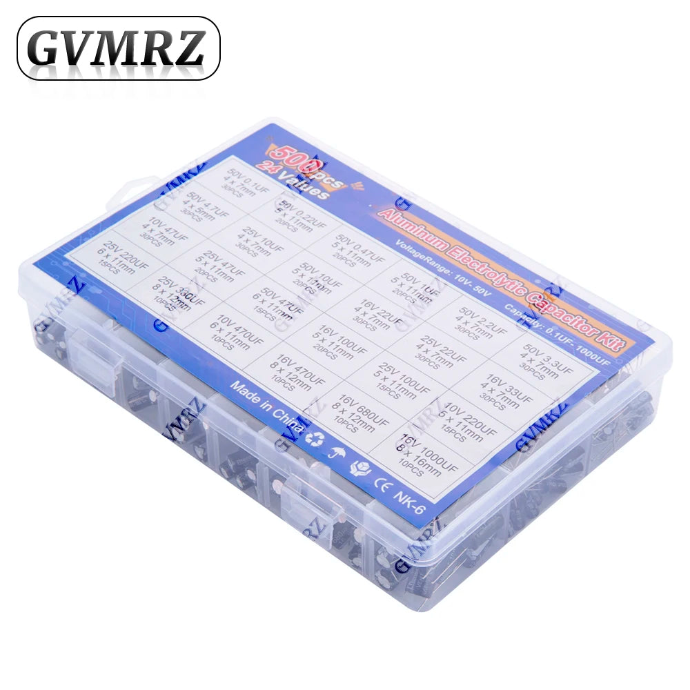 500PCS/lot 0.1UF-1000UF 24Values Aluminum Electrolytic Capac