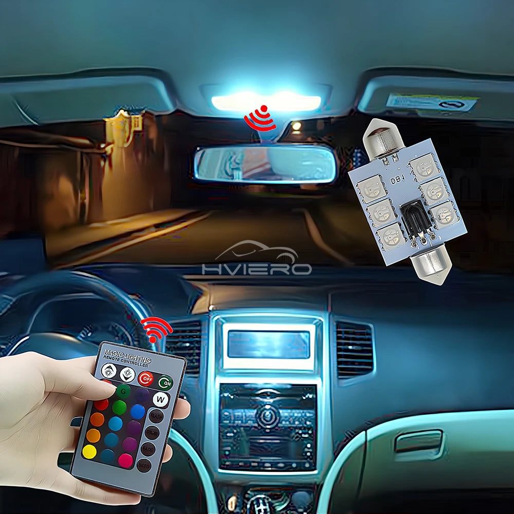 2Pcs RGB 6SMD Roof Dome Interior Reading Lamp C5w Car Remote