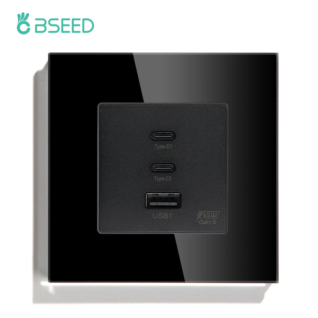 BSEED GaN3 Universal Socket 65W PD Fast Charge Port USB Type-C Quick Charge Adapter for Phone Computer Glass Panel 100V-240V