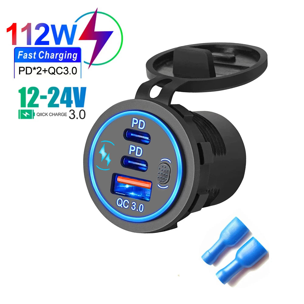 3 Ports Quick Charge Dual PD & QC 3.0 112W Aperture Car Char