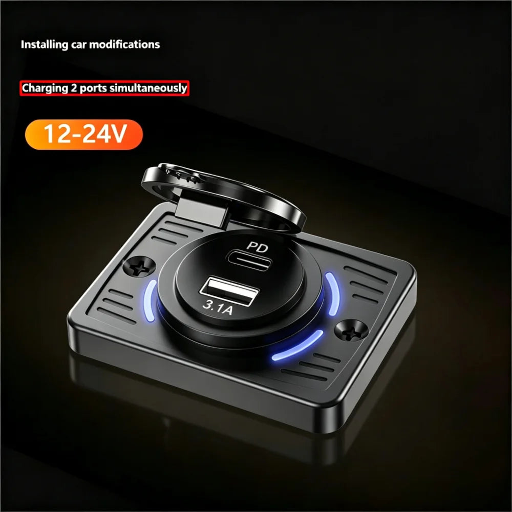12V-24V PD+USB Car Charger Socket 45W Fast Charge Blue LED I