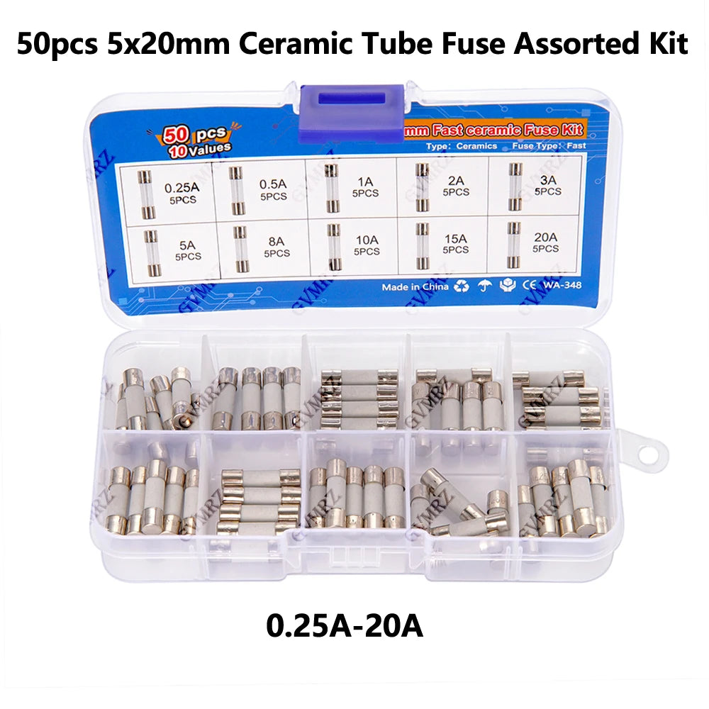 50pcs 5x20mm 0.25A-20A Ceramic Tube Fuse Assorted Kit Amp 0.