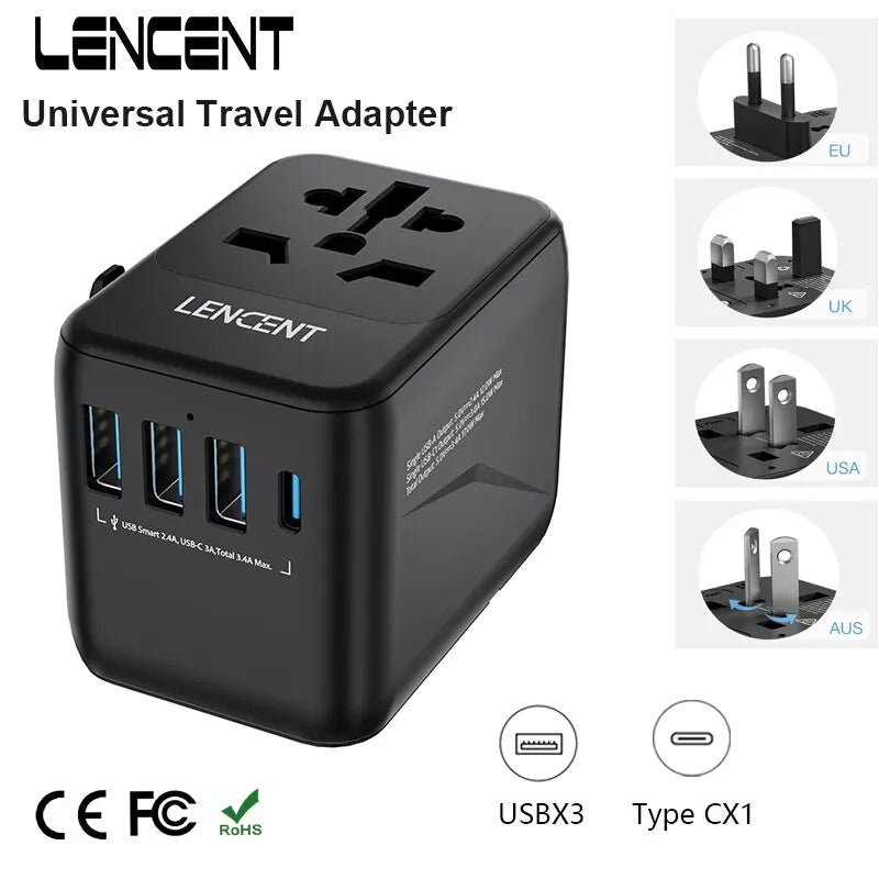 LENCENT Universal Travel Adapter with 3 USB Ports 1Type-C PD