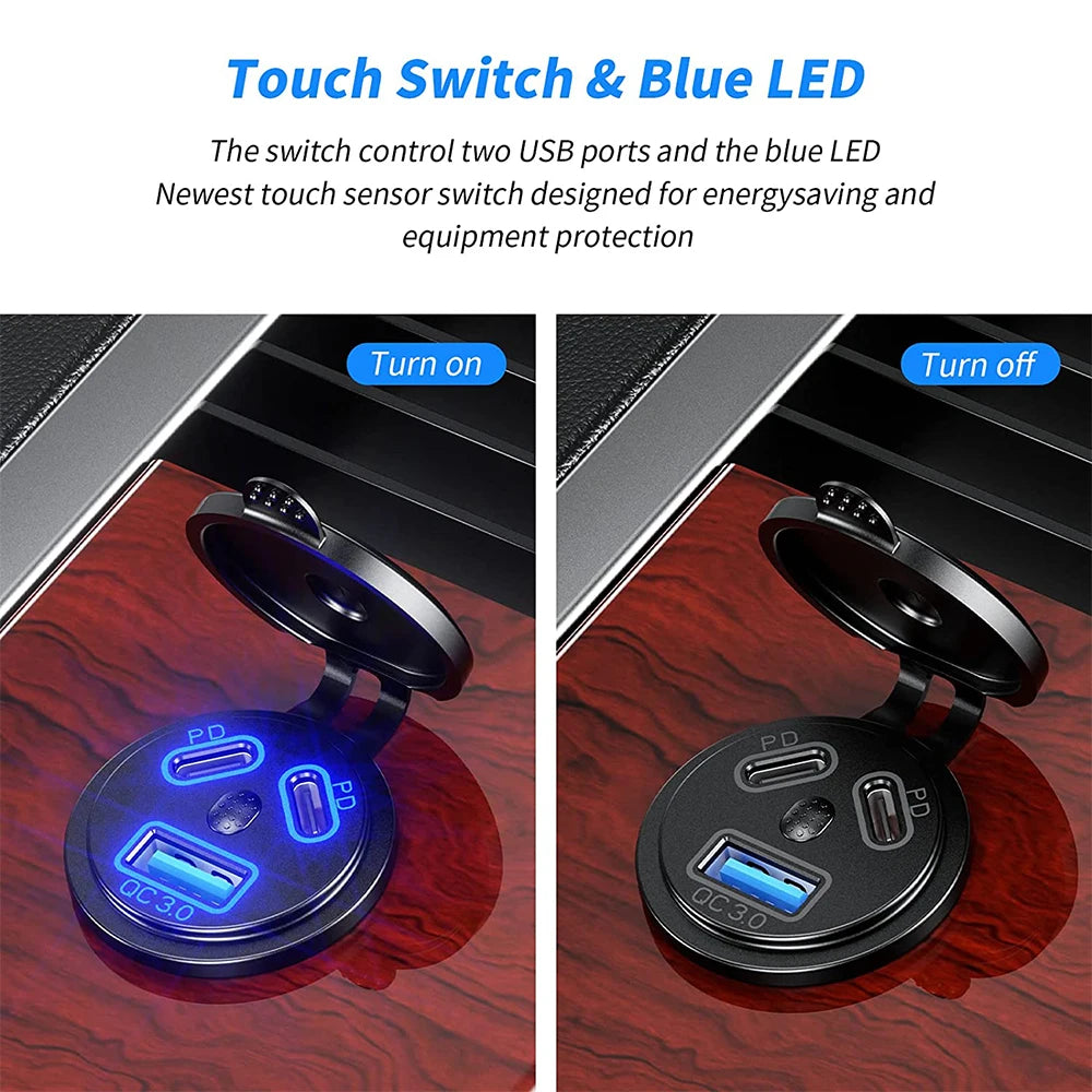 12V/24V USB Outlet 108W 3 Ports Car Charger Socket Dual 45W 
