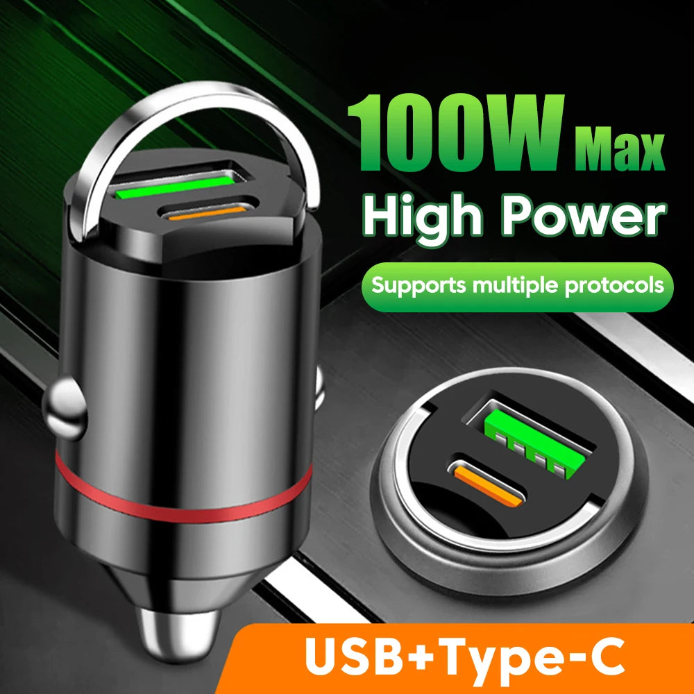 100W Dual Ports Mini Car Pull Ring Charger PD30W USB Type C 