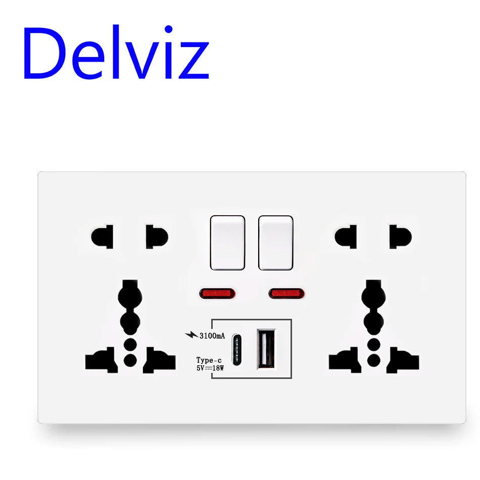 Delviz Wall Quick Charge Socket 18W Type-C Ports Dual Switch Control Universal Power Outlet UK Standard USB Interface Socket