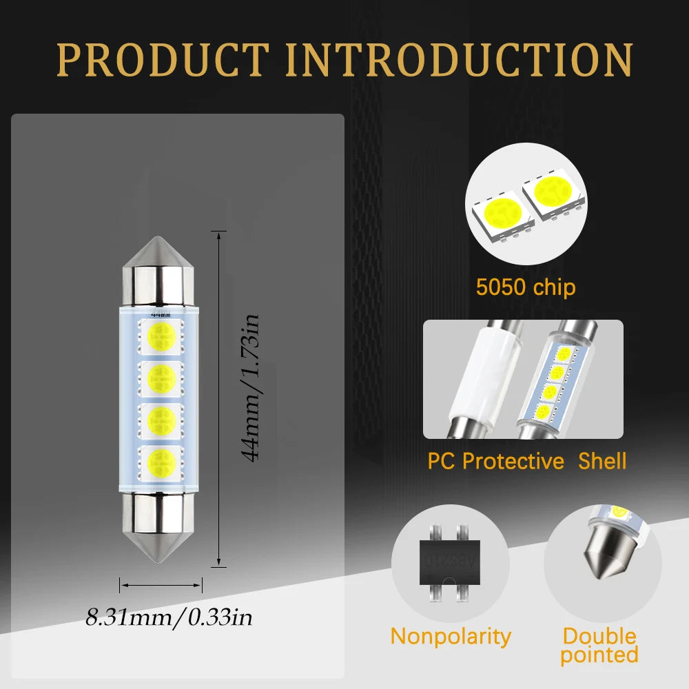 4pcs 44MM 1.76 In Car Rigid Loop Festoon Led Bulb Extremely 