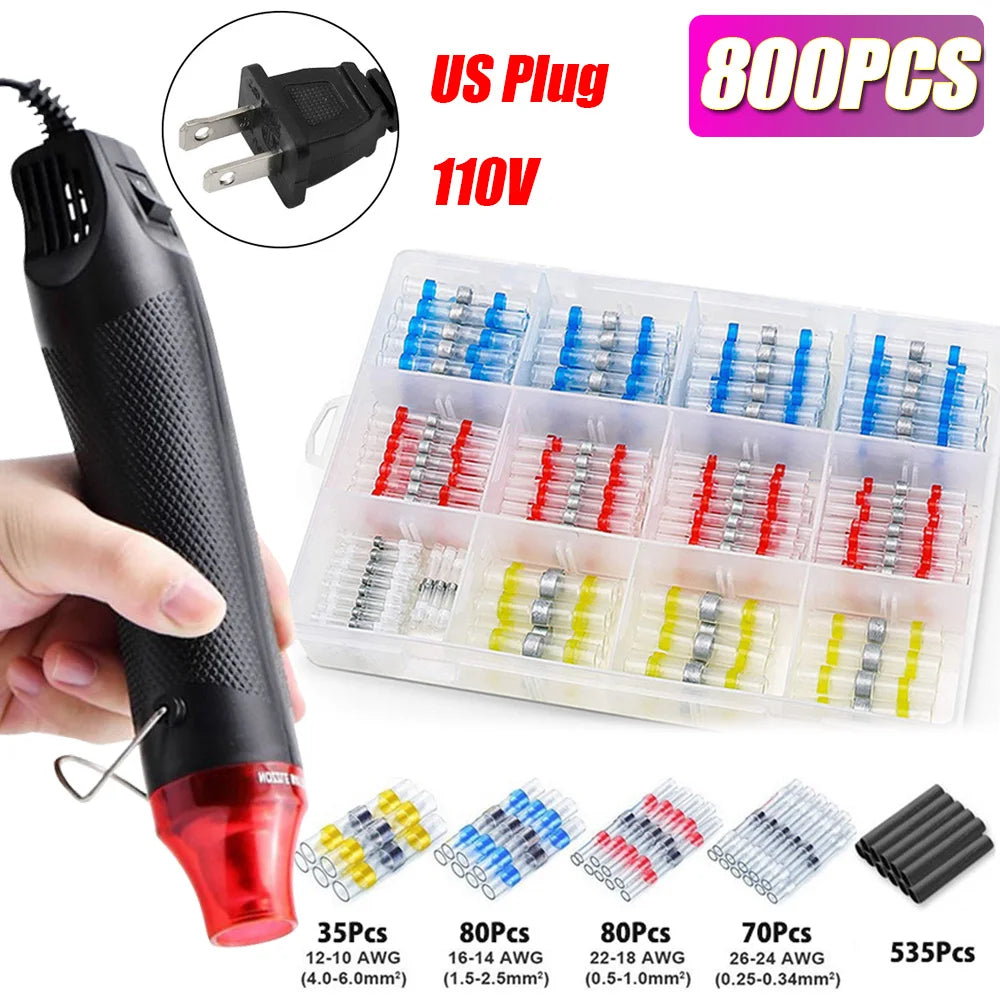 800/400/50PCS Heat Shrink Butt Waterproof Solder Seal Wire Cable Splice Terminal Kit Crimp Terminals Electrical with Hot Air Gun