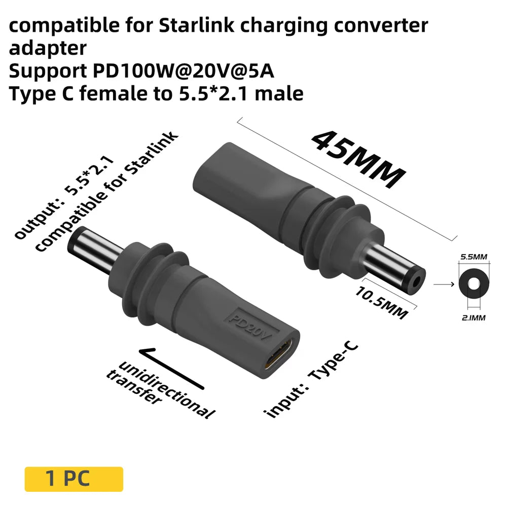 USBC Female to DC5521 Male/DC Female to DCMale Power Adapter For Starlink Mini PD100W Connector Charge Barrel Jack Power Adapter