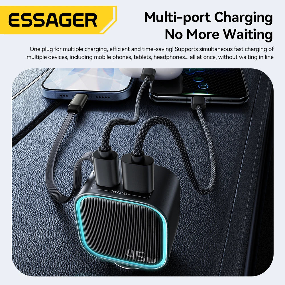 ESSAGER 45W Car Charger PD Fast Charging with Retractable 75