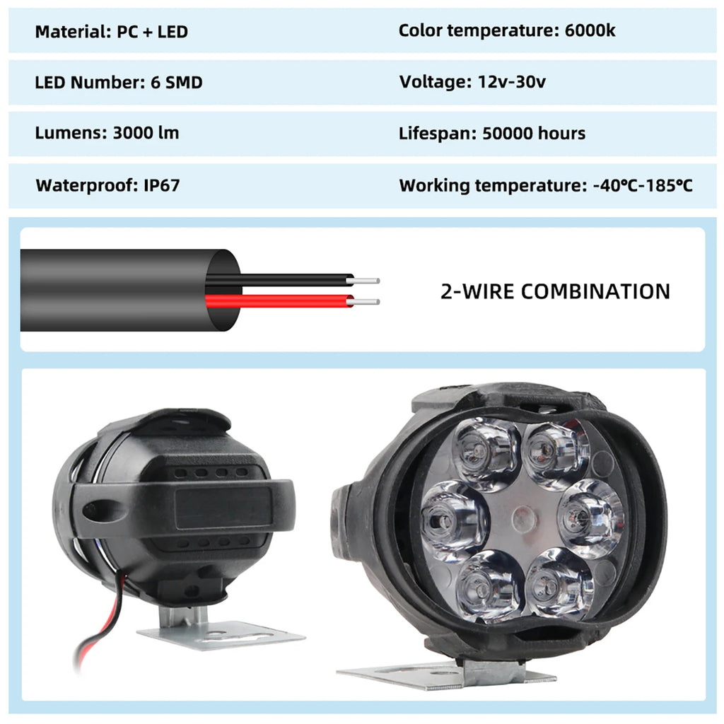 2PCS 6 LED Motorcycle Headlight Waterproof Scooters Spotligh