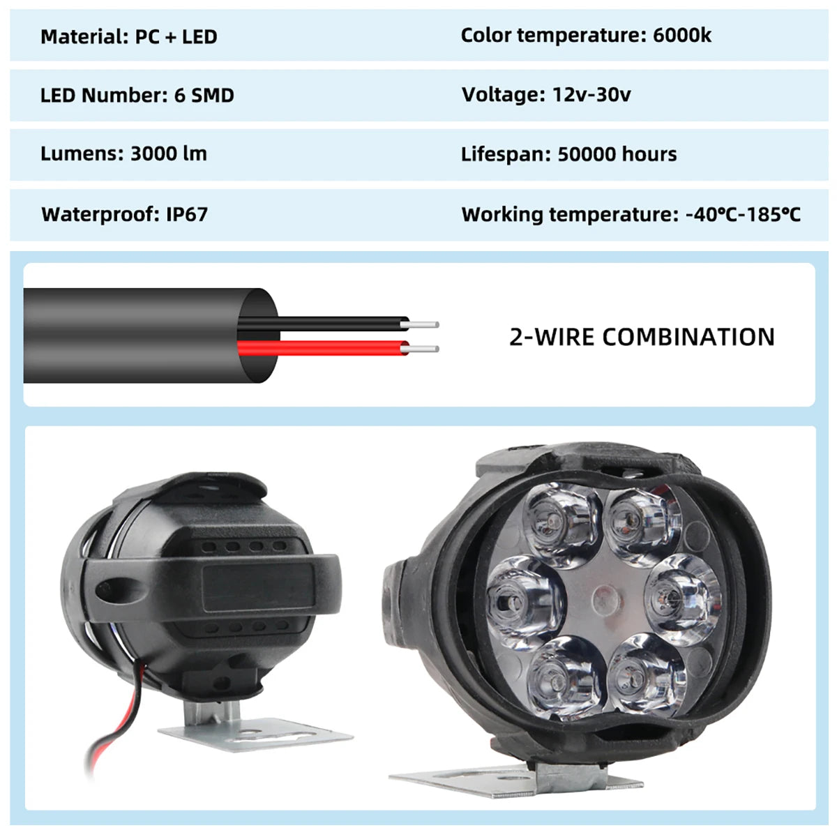 2PCS 6 LED Motorcycle Headlight Waterproof Scooters Spotligh